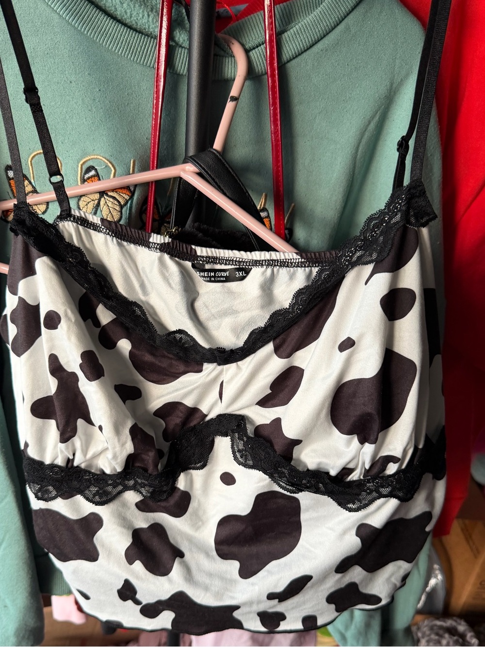 SHEIN Black and White Cow Print Lace Trim Crop Cami